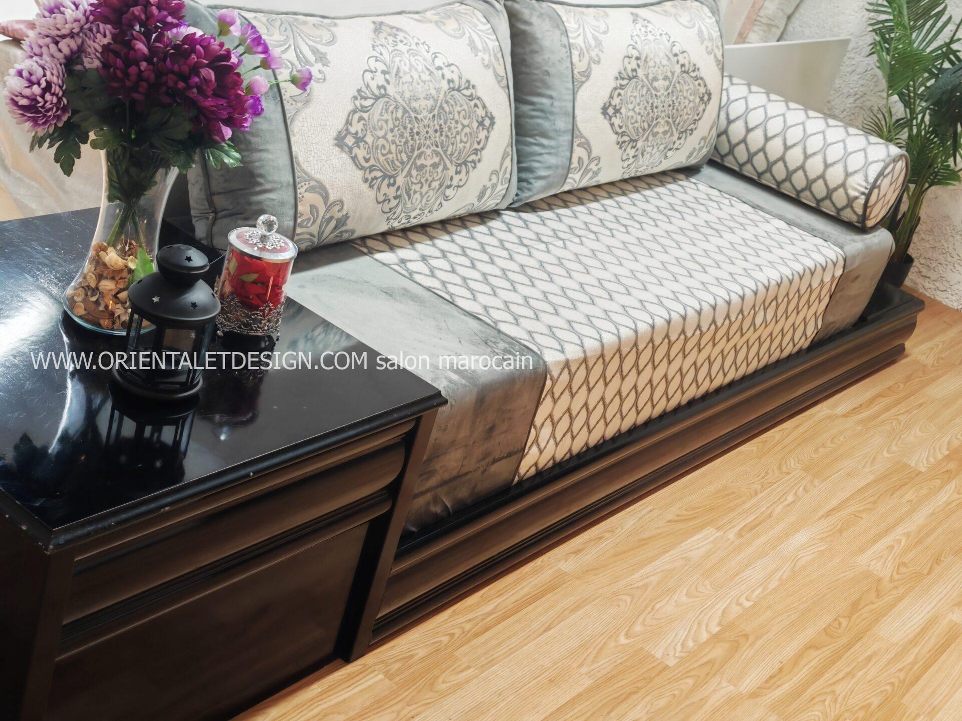 Tissu salon marocain brocart luxueux - Gris raffiné pour salon marocain – Image 6