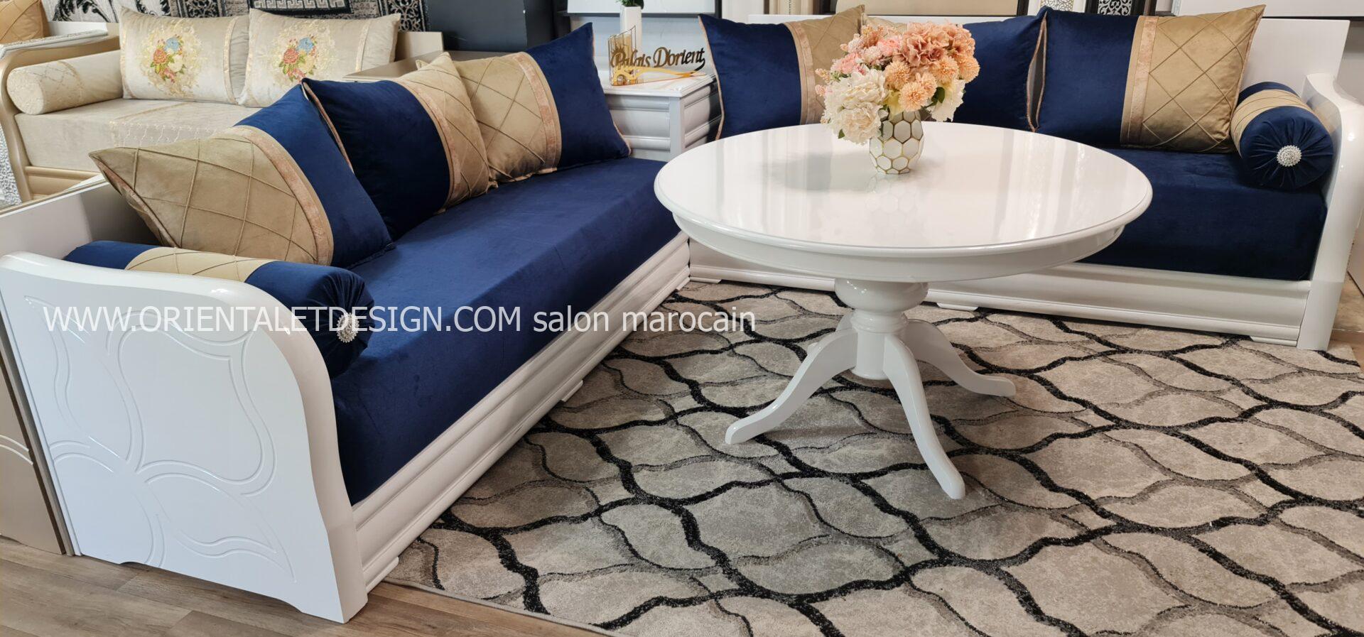 Tissu salon marocain Velours Bleu et Doré - Élégance Classique et Luxe – Image 2