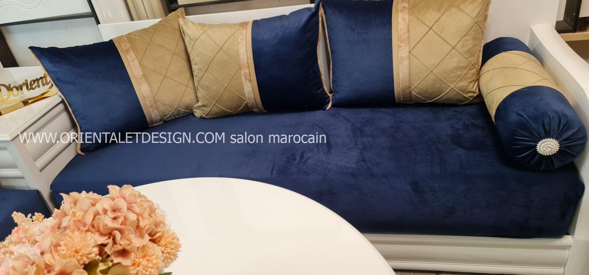Tissu salon marocain Velours Bleu et Doré - Élégance Classique et Luxe – Image 4