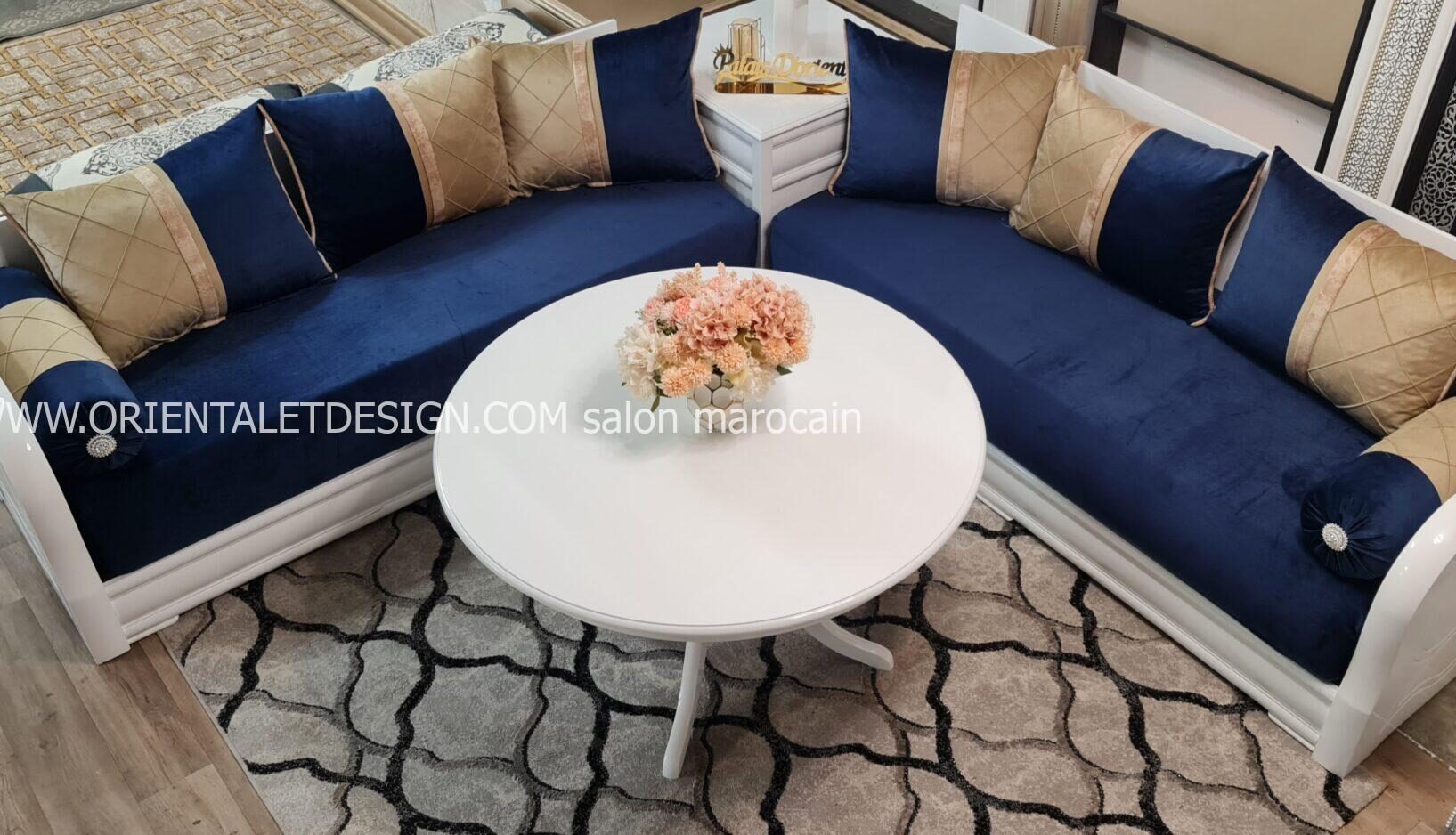 Tissu salon marocain Velours Bleu et Doré - Élégance Classique et Luxe