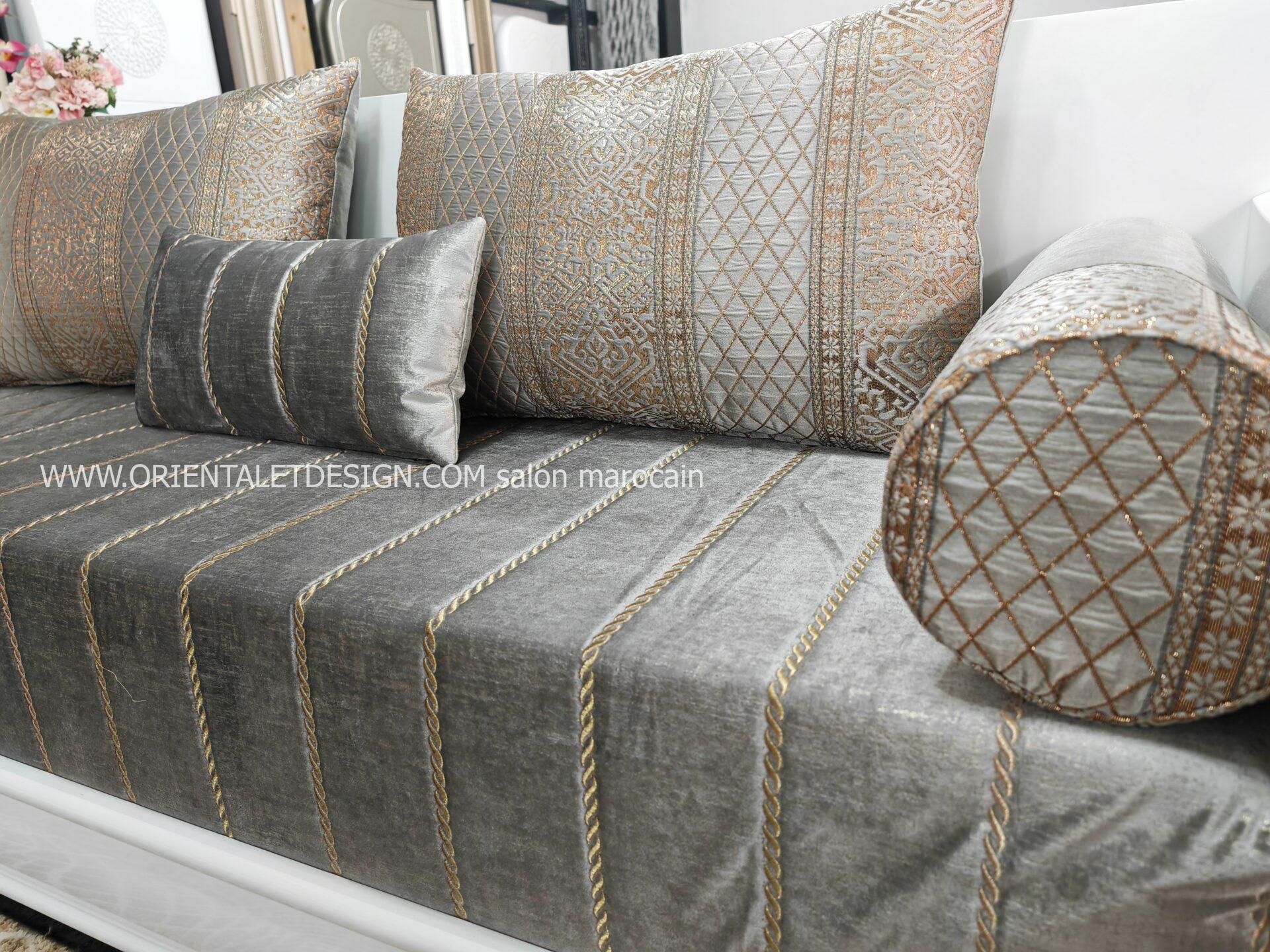 Tissu salon marocain Brocart Matelassé Gris et Doré - Élégance et Luxe Intemporel – Image 6