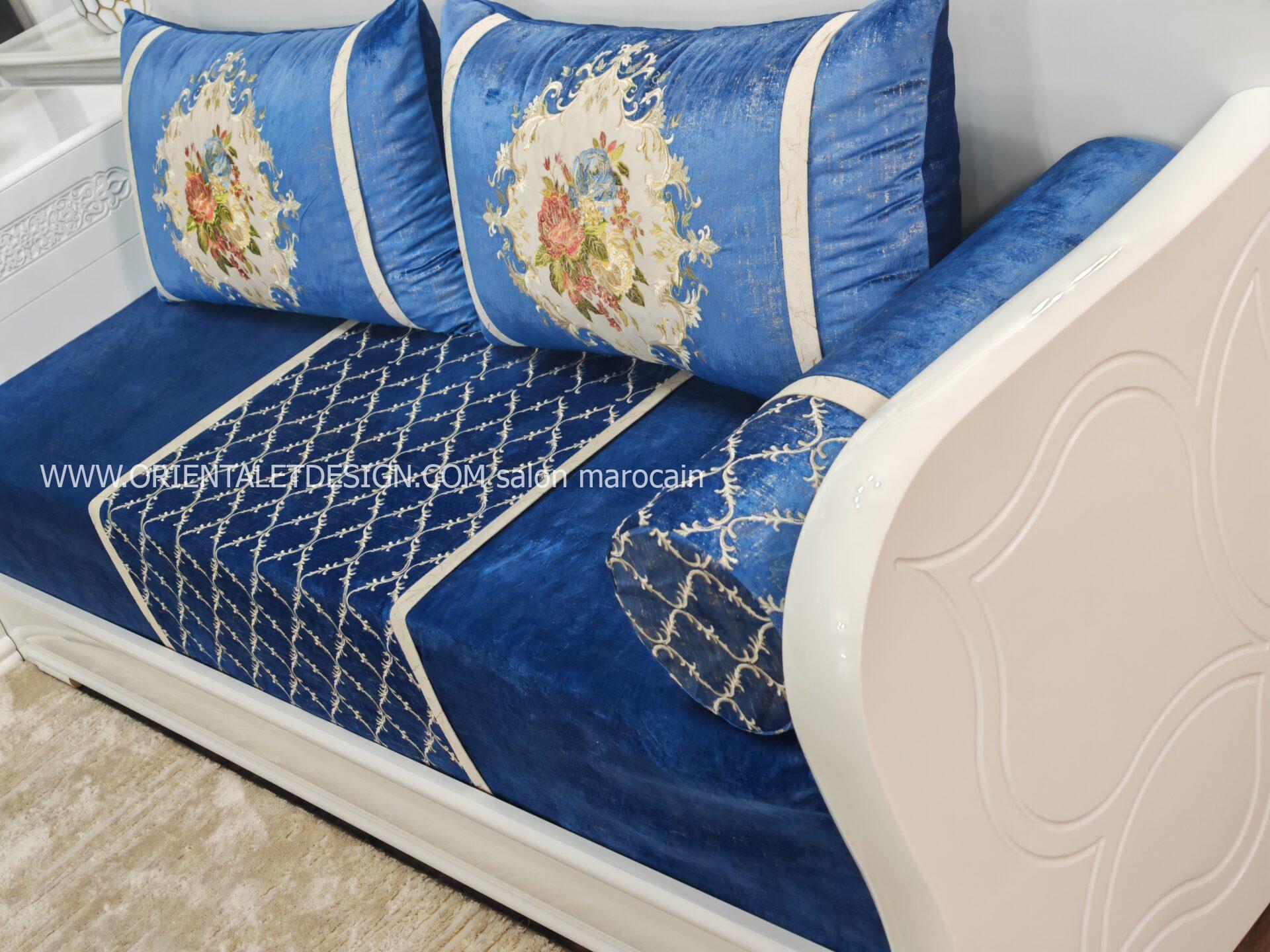 Tissu salon marocain Bleu Royal Brodé - Style Classique et Élégant – Image 3