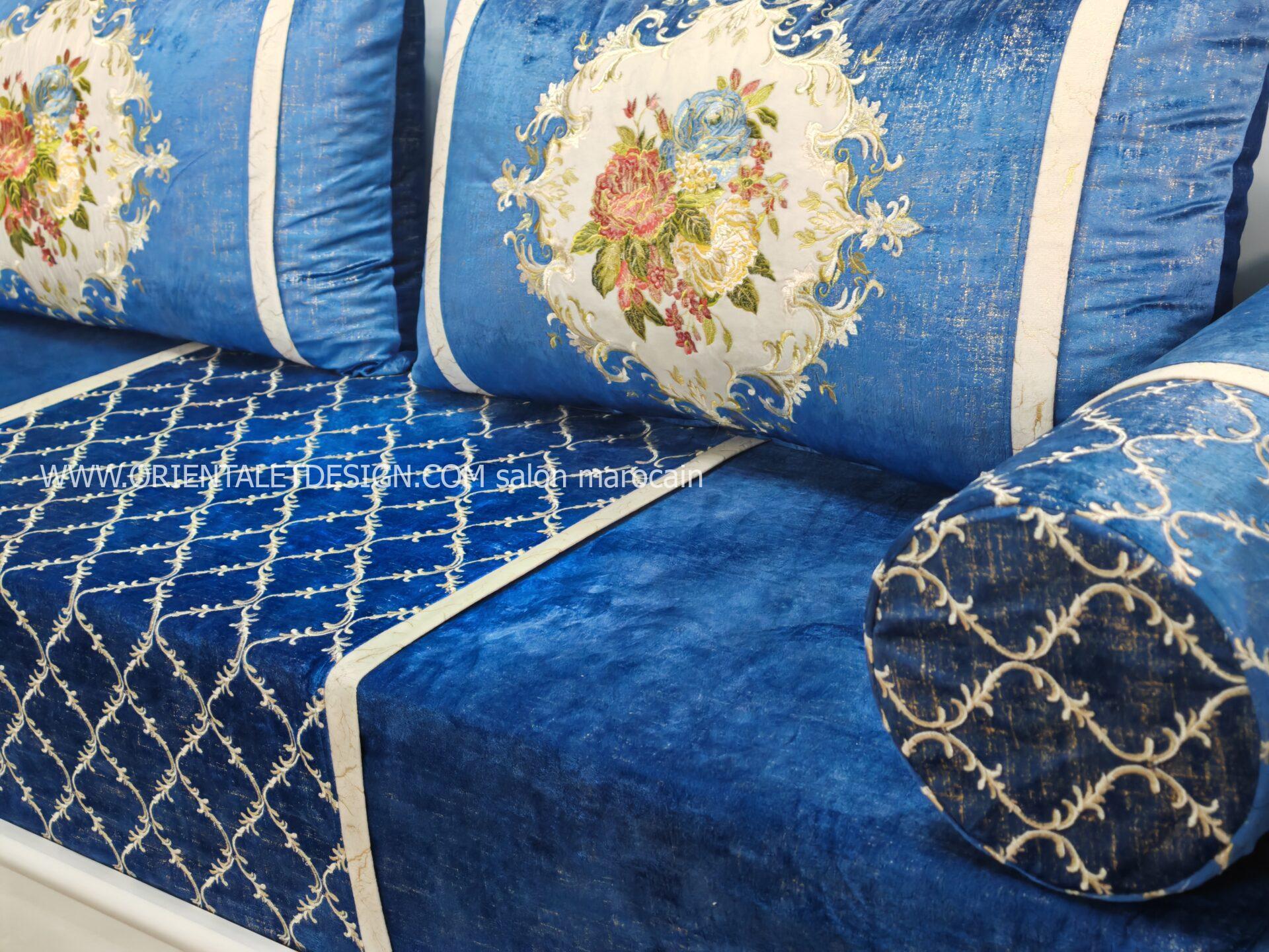 Tissu salon marocain Bleu Royal Brodé - Style Classique et Élégant – Image 4