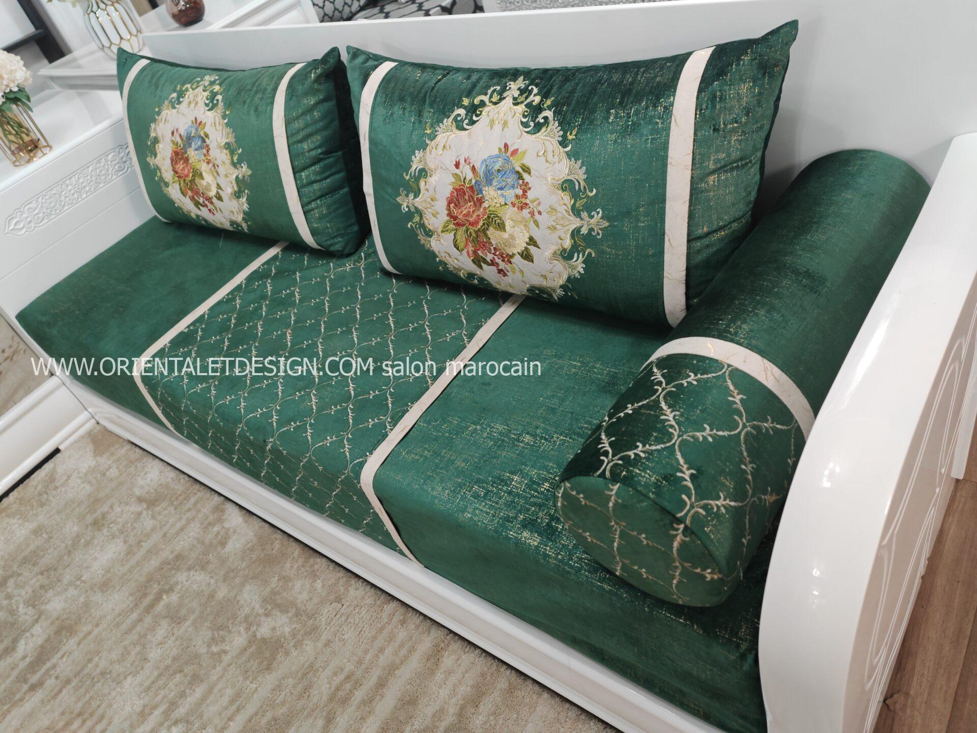 Tissu salon marocain Vert Royal Brodé - Style Classique et Élégant – Image 2