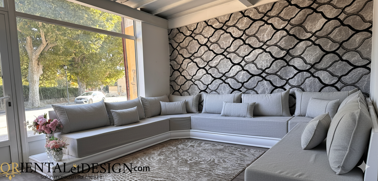 salon marocain Tissu Bocklet Léger gris clair - 2026 – Image 5