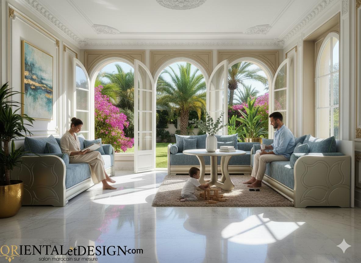 Palette neutre illustrant les marges de circulation devant une table basse et le passage latéral